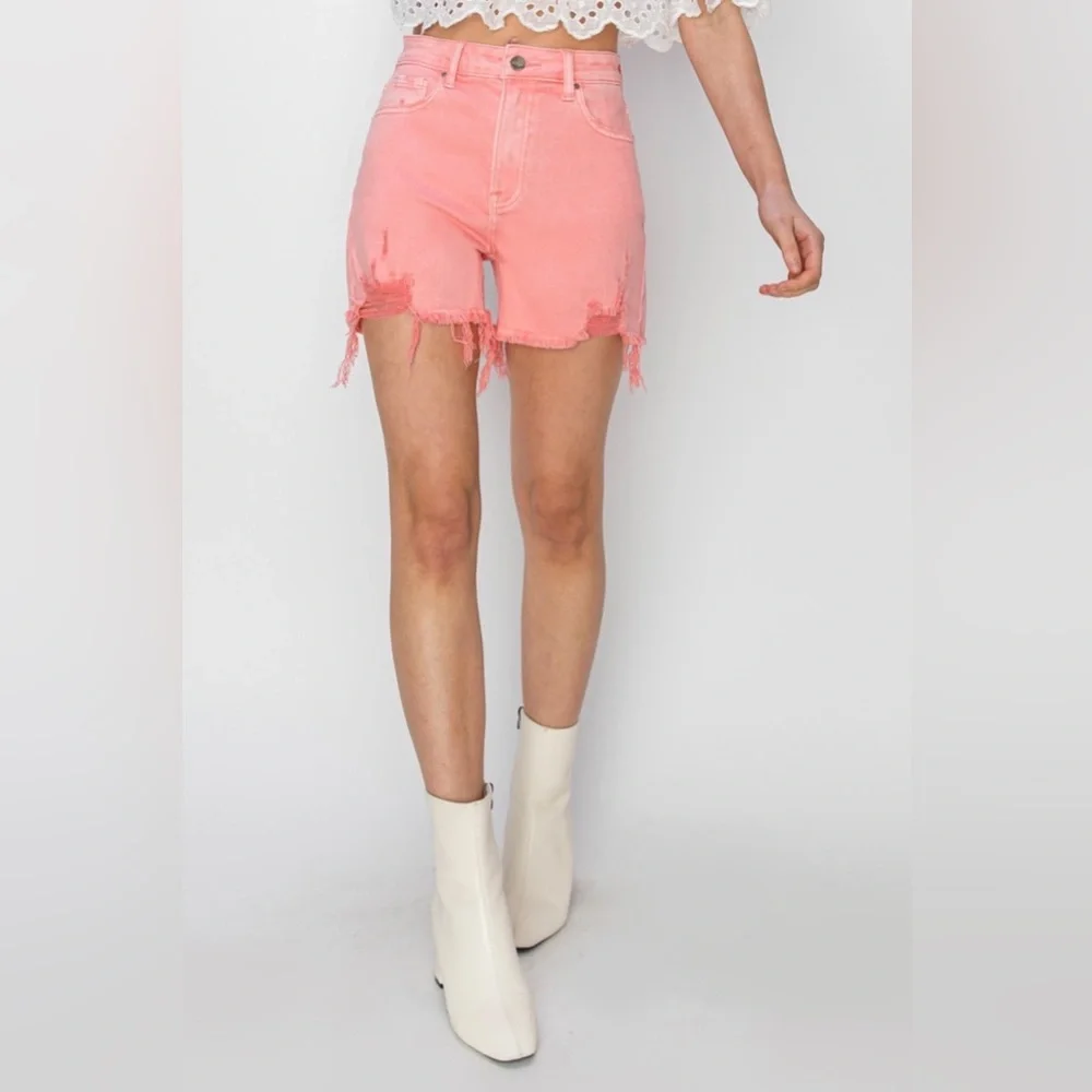 NWT RISEN Coral Pink High Rise Distressed Raw Hem Denim Shorts - Picture 4 of 8